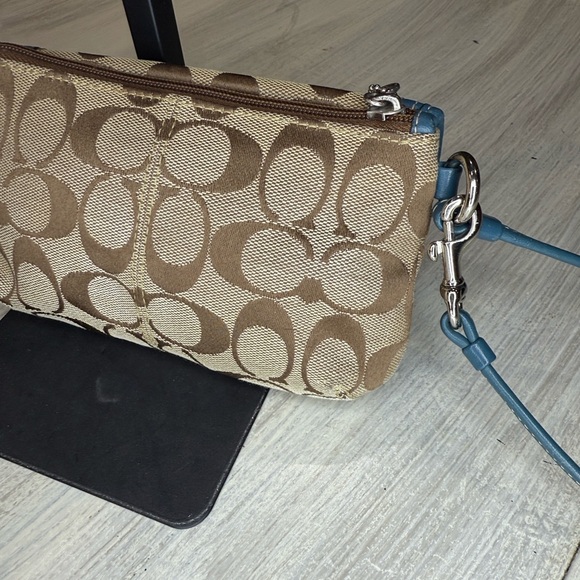 Coach Legacy Turn Lock Monogram Wristlet in Tan and Blue